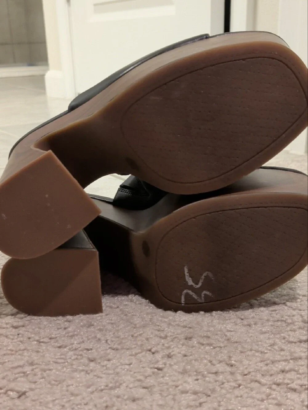 Jessica Simpson Black Platform Slide Sandals with Wood-Look Block Heel